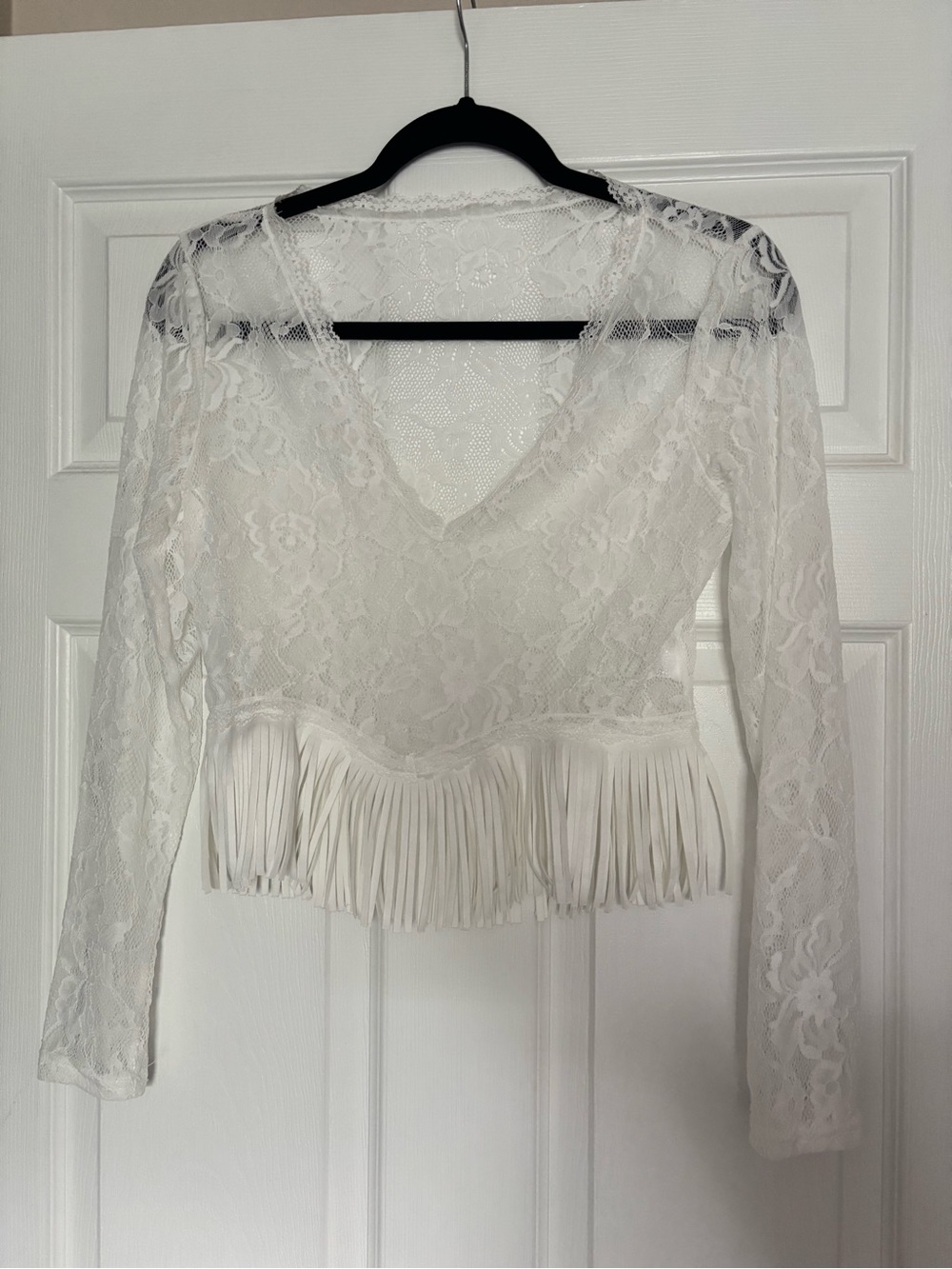 Women's White Lace Fringe V-Neck Top